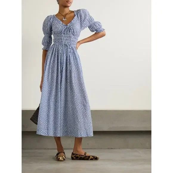 Doen Ischia Shirred Floral Cotton-voile Midi Dress - XXS - Navy